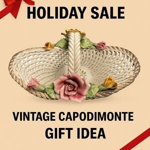 Vintage Capodimonte Italy Porcelain Basket with Hand-Painted Roses